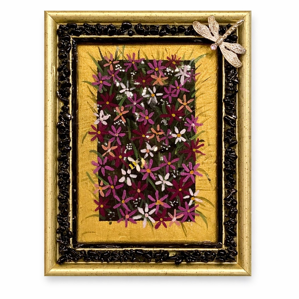 Coastal Eclectics Framed Floral Art Bee Dragonfly Gold Black Frame 9” x 7”